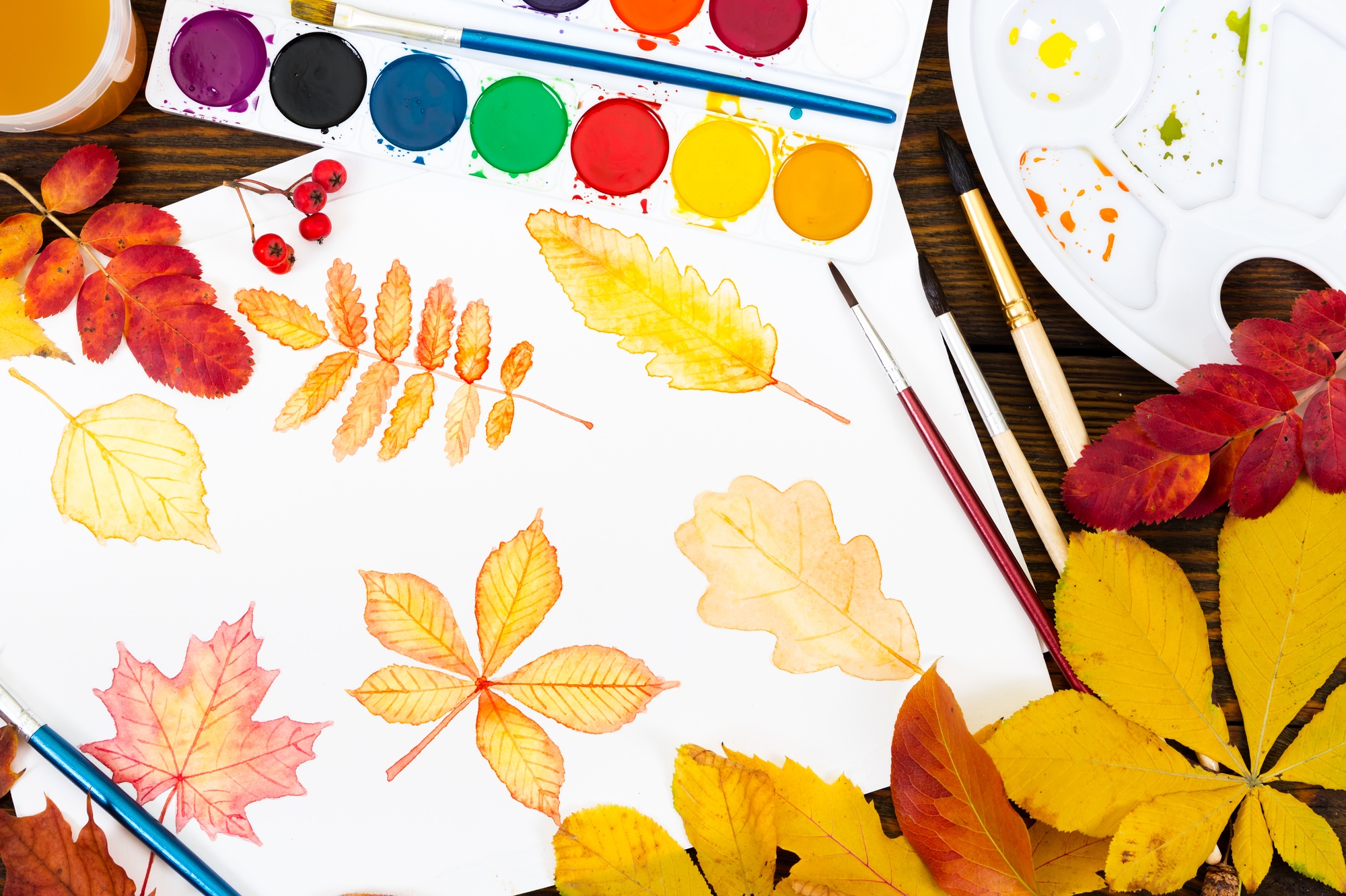 Drawing with watercolor autumn leaves on wooden background. Top