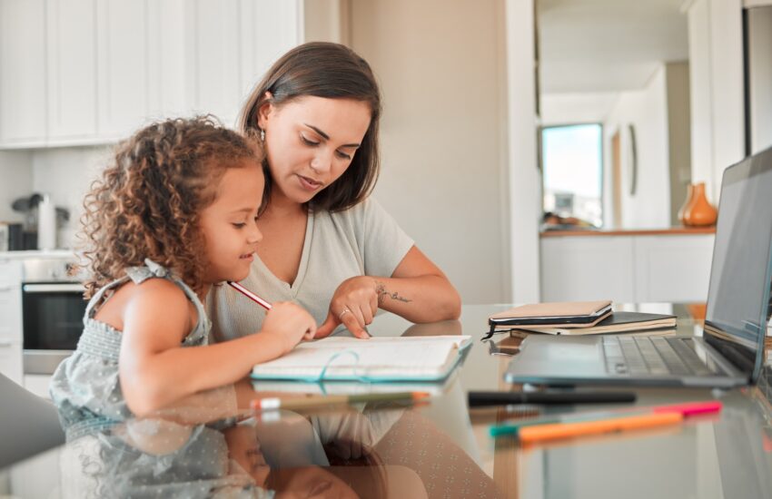 Mother, child and learning of parent helping her daughter with homework in the kitchen for educatio
