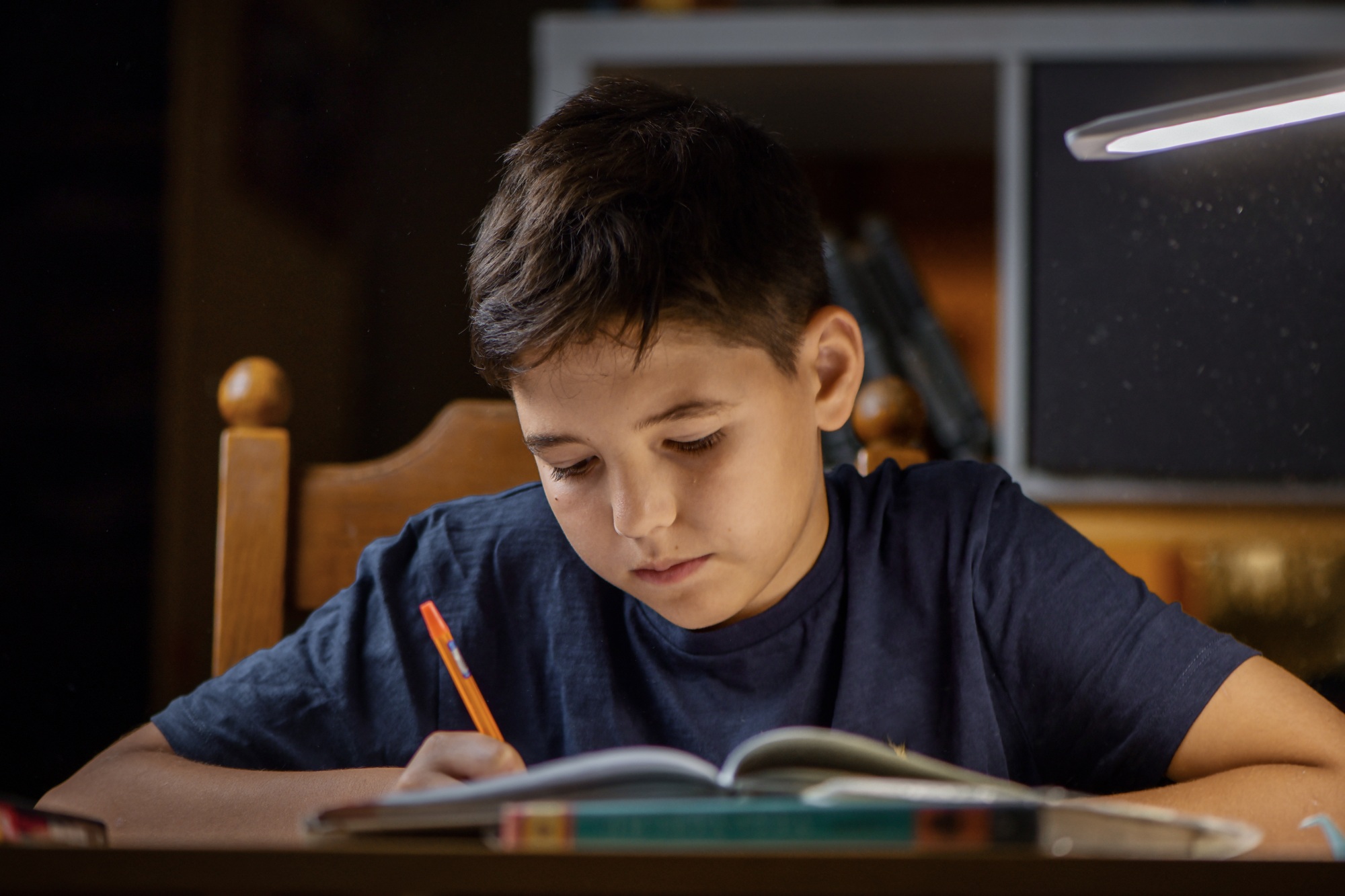 The schoolboy does homework at home. The boy is doing his homework