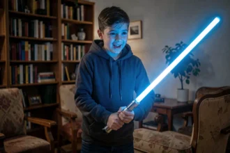 Adolescent tenant un sabre laser jouet lumineux bleu en position défensive dans un salon chaleureux