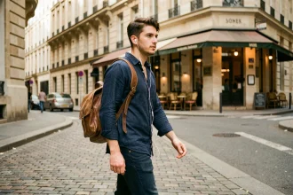 Jeune homme discret marchant dans une rue parisienne, illustrant la vie loin des médias d'Adrien Fam fils de Nagui