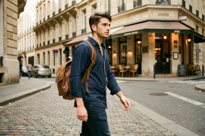 Jeune homme discret marchant dans une rue parisienne, illustrant la vie loin des médias d'Adrien Fam fils de Nagui
