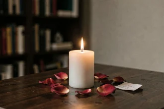 Bougie blanche allumée sur une table en bois entourée de pétales de rose séchés symbolisant le deuil et l'amour éternel