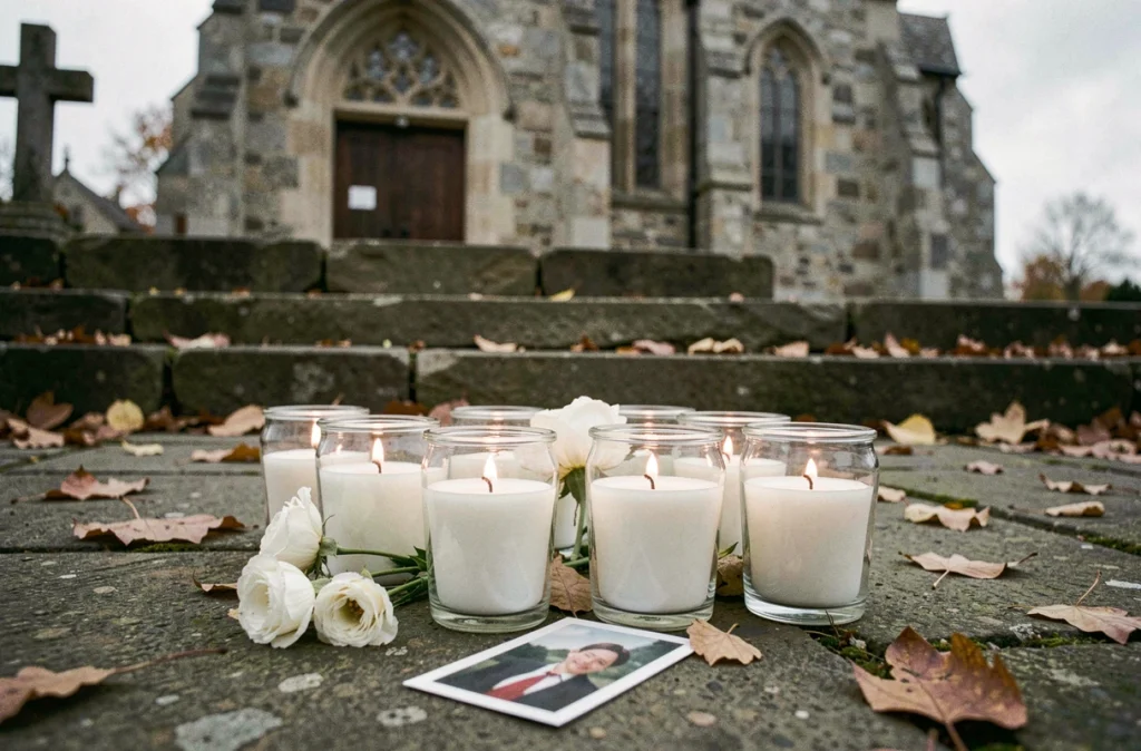 Bouquets de bougies commémoratives disposées sur des marches en pierre d'église entourées de fleurs blanches en hommage funèbre