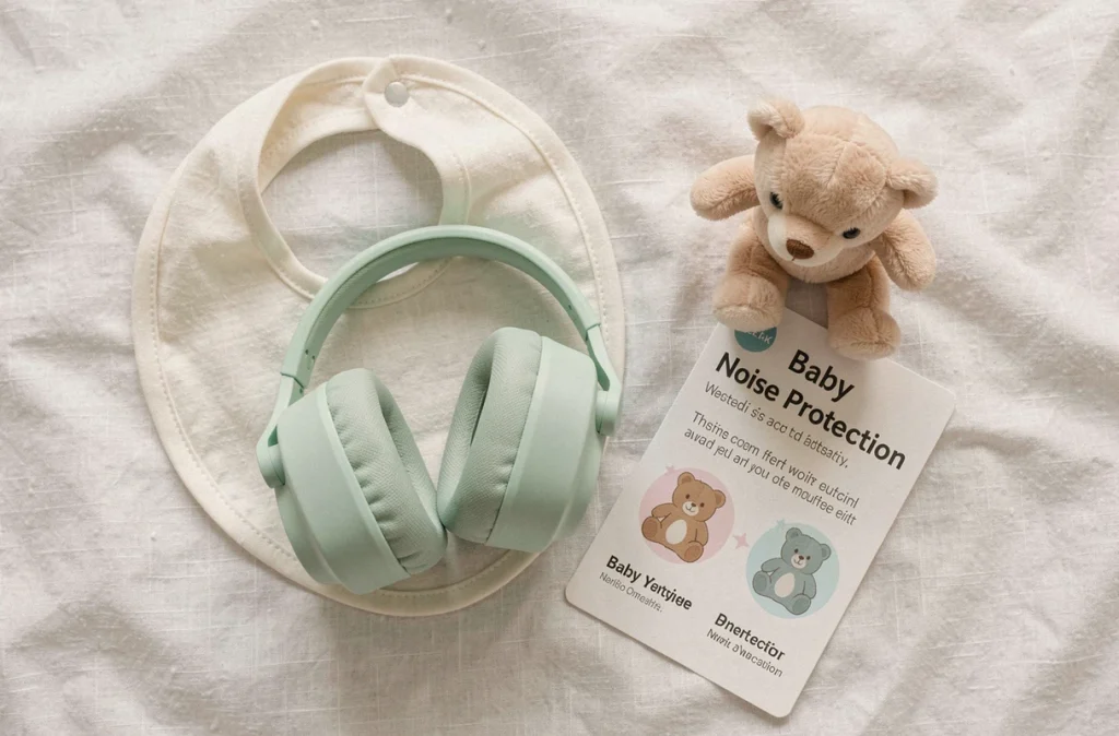 Casque anti-bruit pour bébé en vue à plat avec accessoires de puériculture sur tissu blanc doux