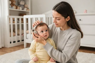 Maman installant un casque anti-bruit sur son bébé dans une chambre de crèche moderne et lumineuse