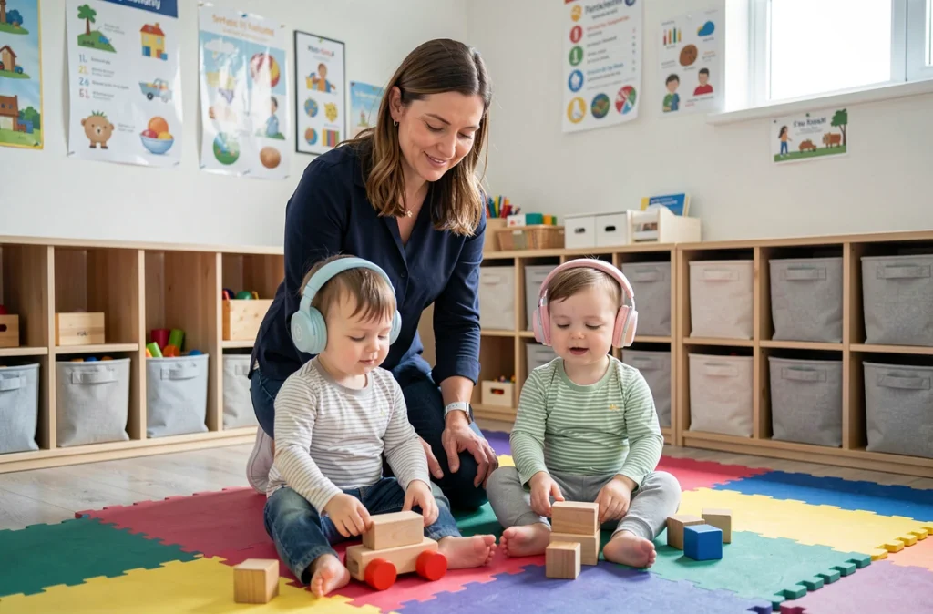 Nounou professionnelle avec deux bébés portant des casques anti-bruit dans une salle de jeux de crèche