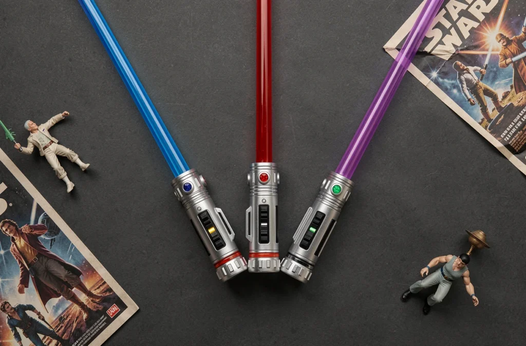 Vue aérienne de trois sabres laser jouets lumineux bleu rouge et violet disposés en éventail sur surface sombre avec accessoires collector