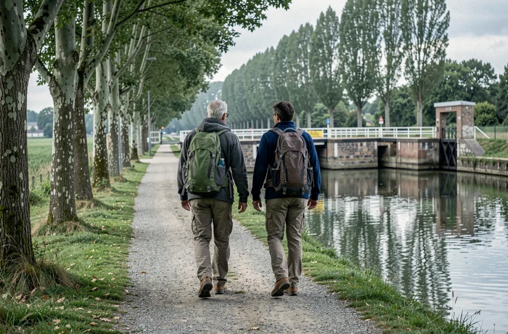 Couple marchant le long d'un canal en Seine-et-Marne lors d'une promenade dominicale sans voiture