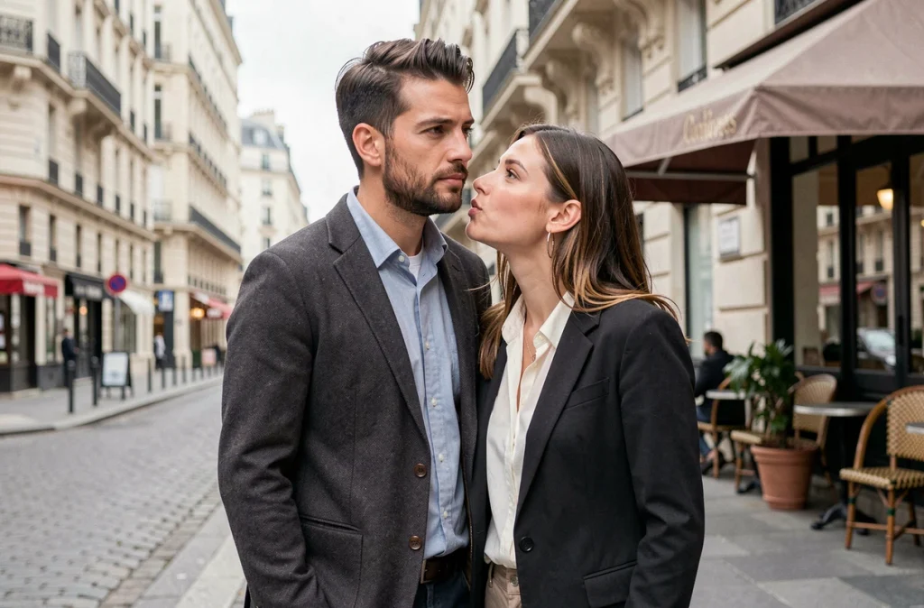Couple en conversation discrète dans une rue parisienne, évoquant les rumeurs et les secrets autour d'une personnalité publique