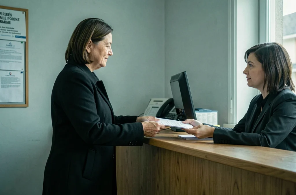 Femme déposant des documents administratifs à la mairie pour déclarer le décès d'un proche auprès d'un agent d'état civil