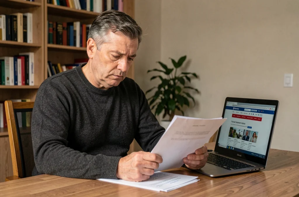 Homme effectuant des démarches administratives liées au décès d'un proche, consultant des documents officiels à son bureau à domicile