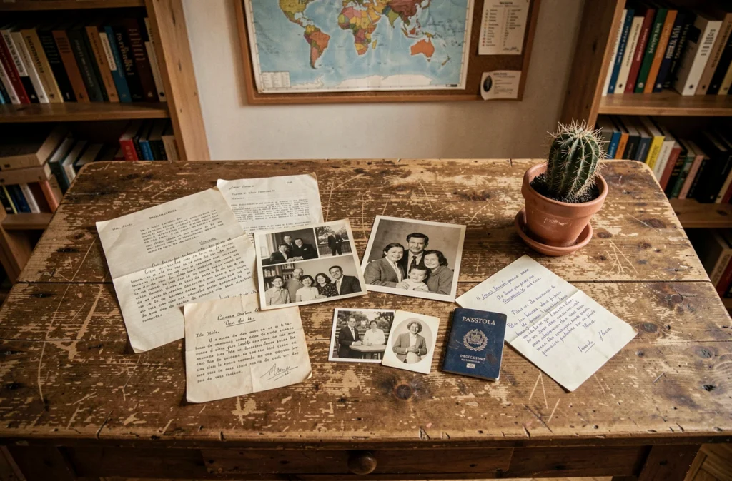 Documents familiaux anciens, lettres manuscrites et photographies posées sur une table en bois, évoquant une recherche sur les origines et les parents de Jules Torres