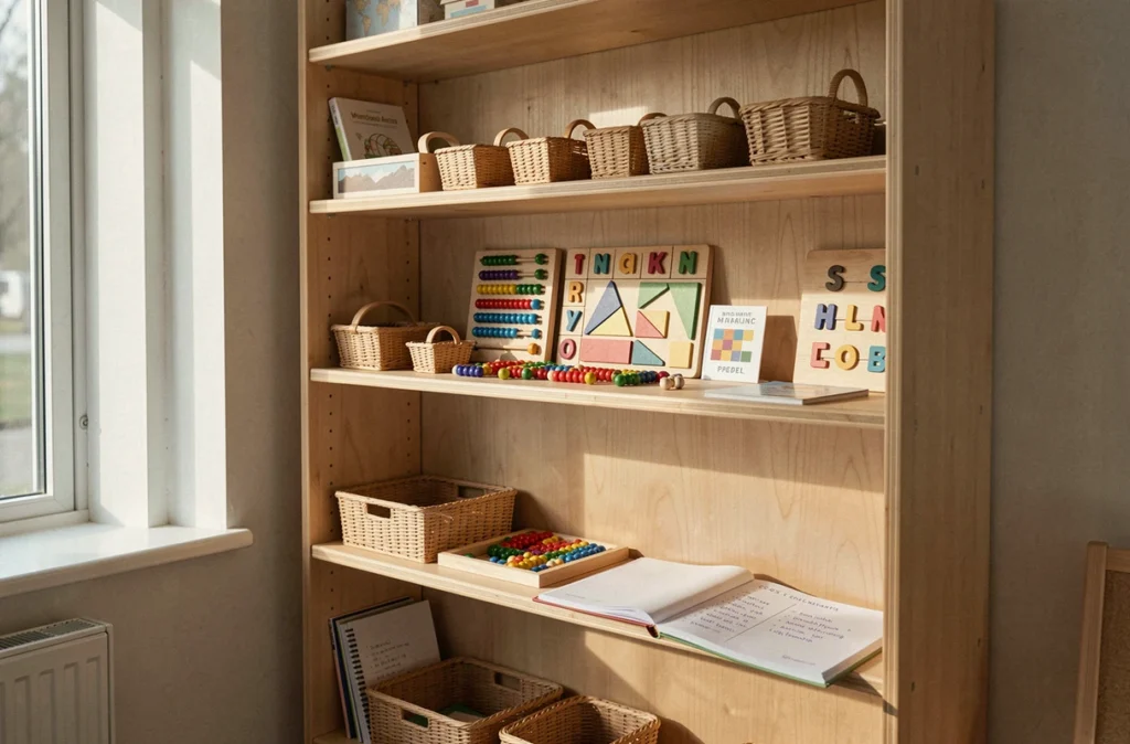 Étagères Montessori avec matériaux éducatifs en bois et carnet de comparaison de coûts dans une salle de classe