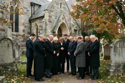 Famille réunie devant une église lors d'une cérémonie funèbre, vêtue de noir, dans un cimetière aux pierres anciennes en automne