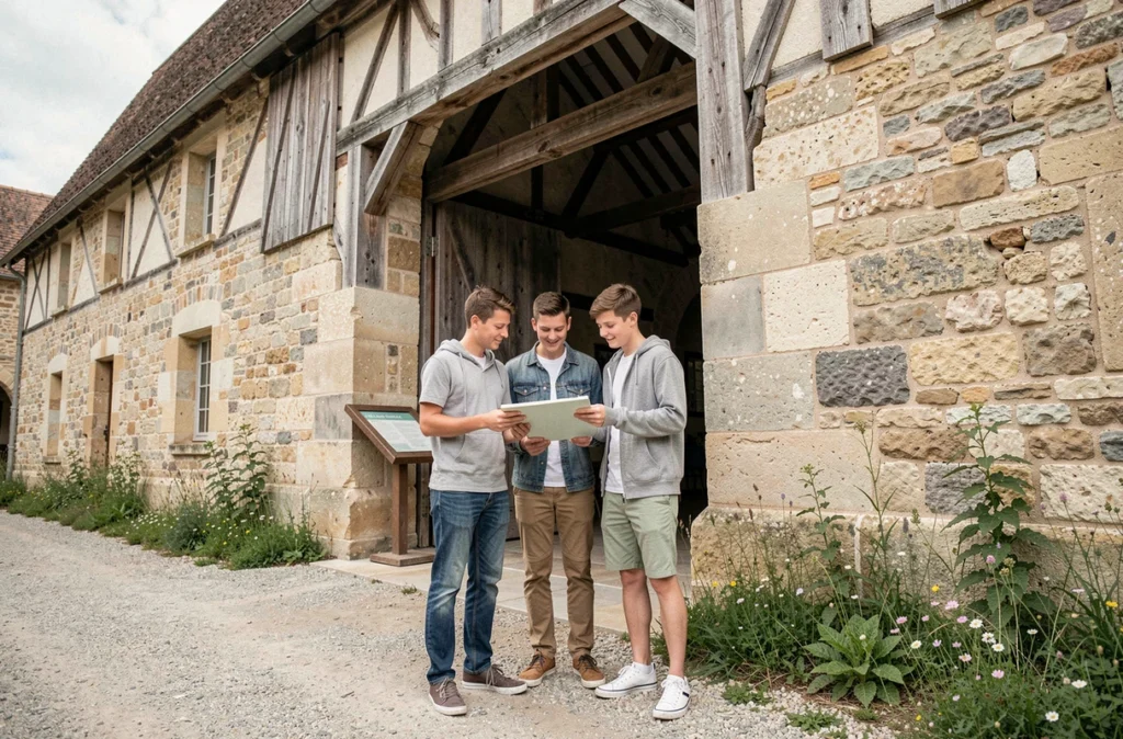Famille visitant un site du patrimoine historique en Seine-et-Marne lors d'une sortie dominicale accessible sans voiture