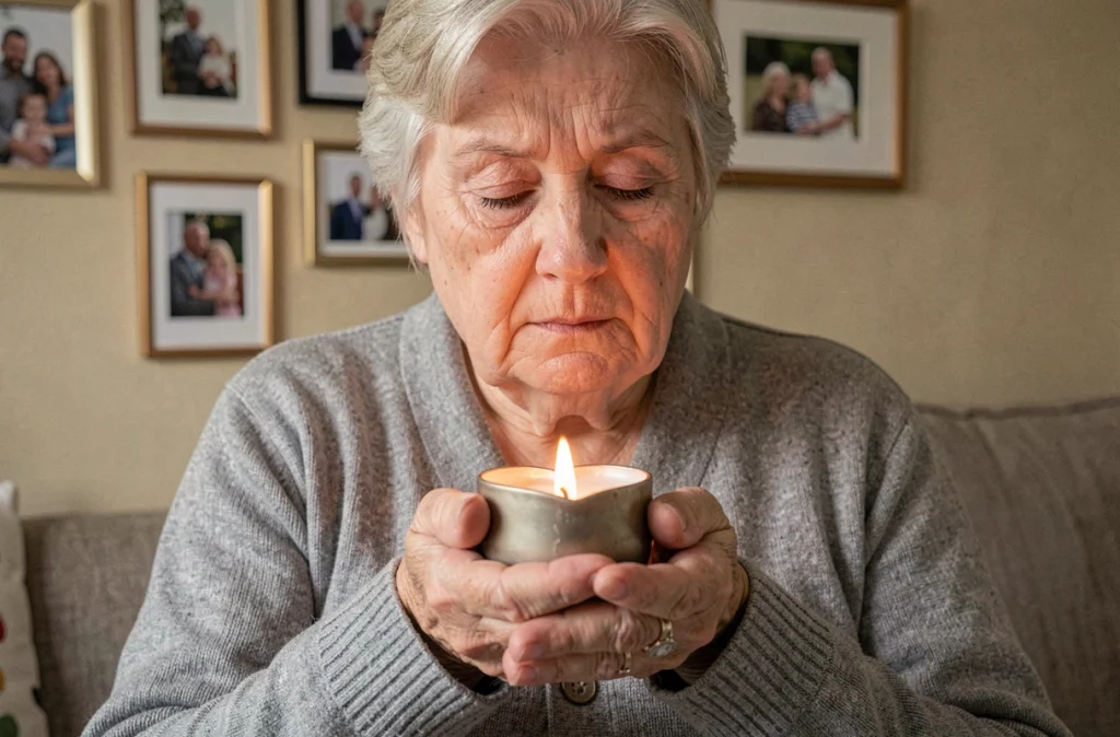 Femme âgée tenant une bougie en forme de cœur dans ses mains en hommage à un être cher lors d'un moment de deuil
