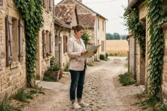 Femme consultant une carte papier dans un village pittoresque de Seine-et-Marne lors d'une sortie sans voiture