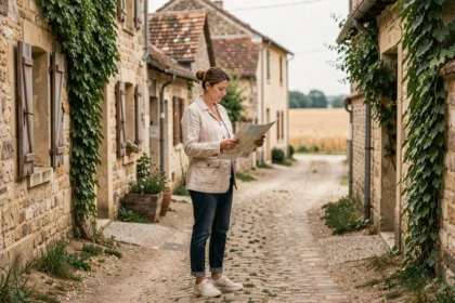 Femme consultant une carte papier dans un village pittoresque de Seine-et-Marne lors d'une sortie sans voiture