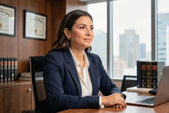 Femme juriste professionnelle assise à son bureau, illustrant un article sur les rumeurs concernant le compagnon d'Anne-Charlène Bezzina