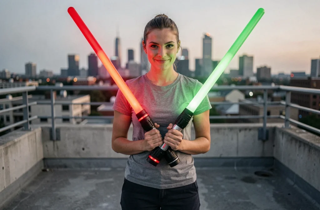 Jeune femme brandissant deux sabres laser jouets rouge et vert croisés sur un toit urbain au crépuscule