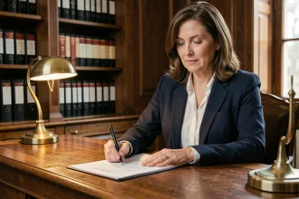 Femme signant une lettre de renonciation à la soulte chez un notaire lors d'un divorce