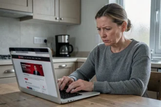 Femme méfiante consultant un site de divorce en ligne depuis sa cuisine, repérant une arnaque potentielle