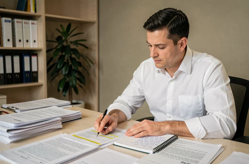Homme analysant des documents légaux de divorce imprimés pour identifier des clauses frauduleuses