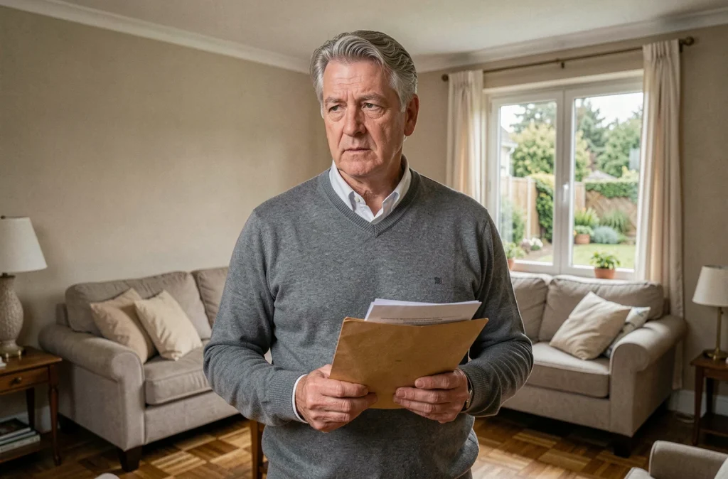 Homme tenant des documents de renonciation à la soulte dans la maison commune lors d'un divorce
