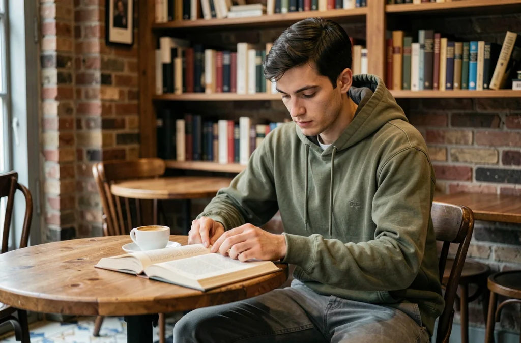 Jeune homme lisant seul dans un café parisien, symbolisant la discrétion et l'éloignement des projecteurs médiatiques