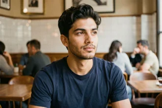 Portrait d'un jeune homme d'origine mixte méditerranéenne dans un café parisien, illustrant une enquête sur les origines et la famille de Jules Torres