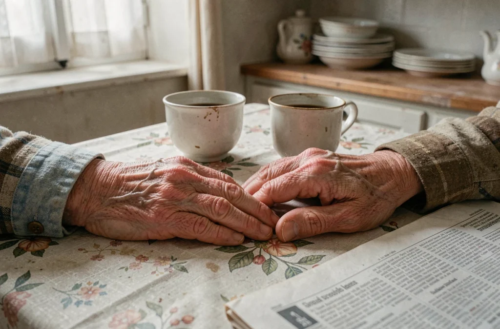 Gros plan de deux mains de personnes âgées posées sur une table de cuisine usée, symbole du deuil parental silencieux et de la mémoire blessée