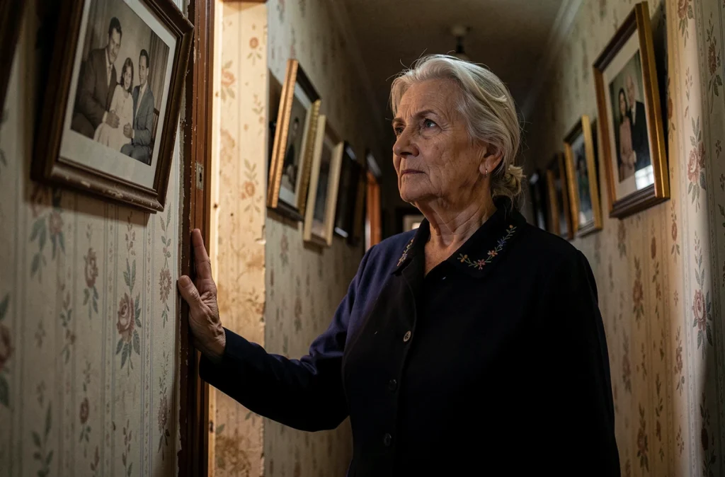 Femme âgée seule dans un couloir de maison familiale, entourée de photos de famille floues, symbole du silence médiatique et de la mémoire meurtrie