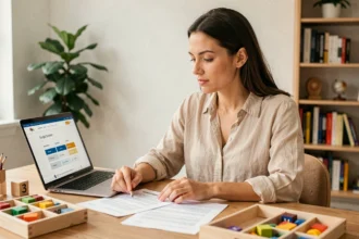 Mère consultant un simulateur de coût Montessori sur ordinateur portable avec des matériaux pédagogiques en bois sur son bureau