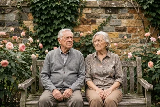 Couple âgé assis en silence dans un jardin à l'abandon, évoquant la mémoire blessée et le deuil discret des parents de Christian Rossi