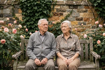 Couple âgé assis en silence dans un jardin à l'abandon, évoquant la mémoire blessée et le deuil discret des parents de Christian Rossi