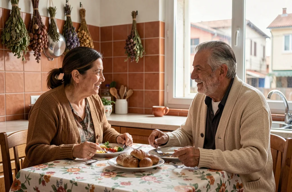 Couple de parents d'origine hispanique et méditerranéenne partagent un repas dans une cuisine familiale, illustrant les racines culturelles et les origines familiales dans le contexte de Jules Torres