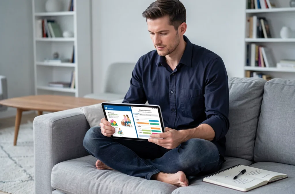 Père comparant un estimateur de coût Montessori et un simulateur classique sur tablette dans un salon moderne