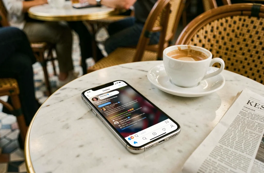 Smartphone affichant des notifications de réseaux sociaux sur une table de café parisien, symbolisant la propagation des rumeurs en ligne
