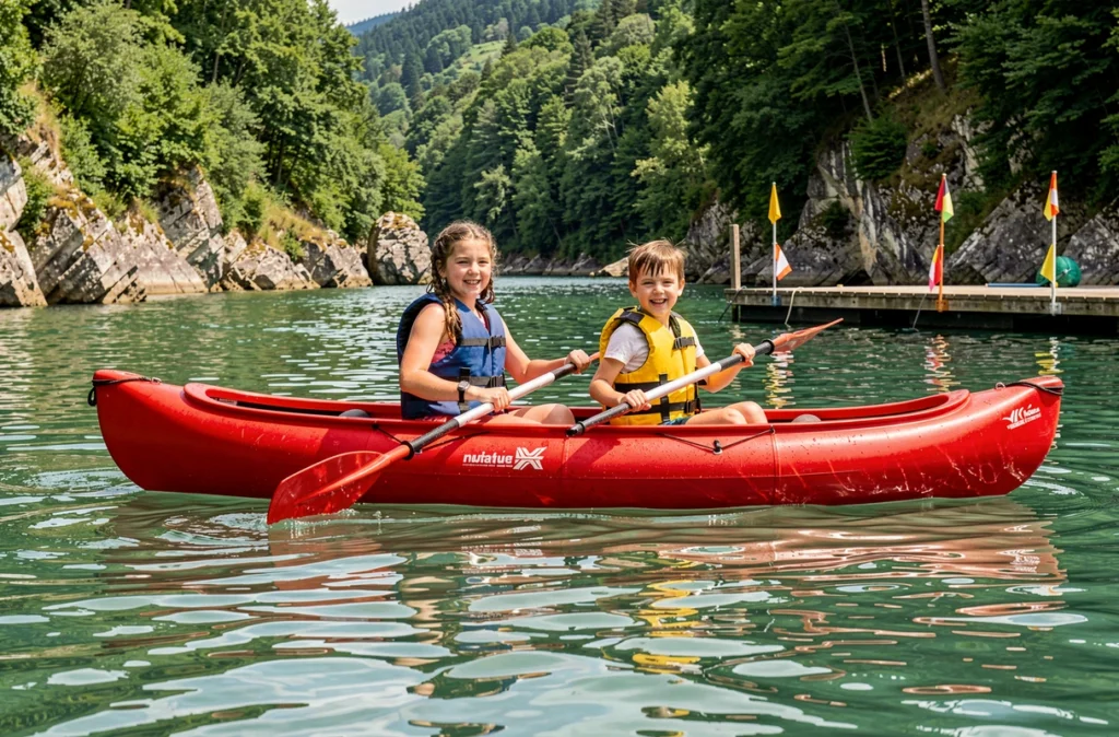 Enfants en canoë sur la rivière lors d'une sortie à la Base Nautique Les Camboux en Cévennes