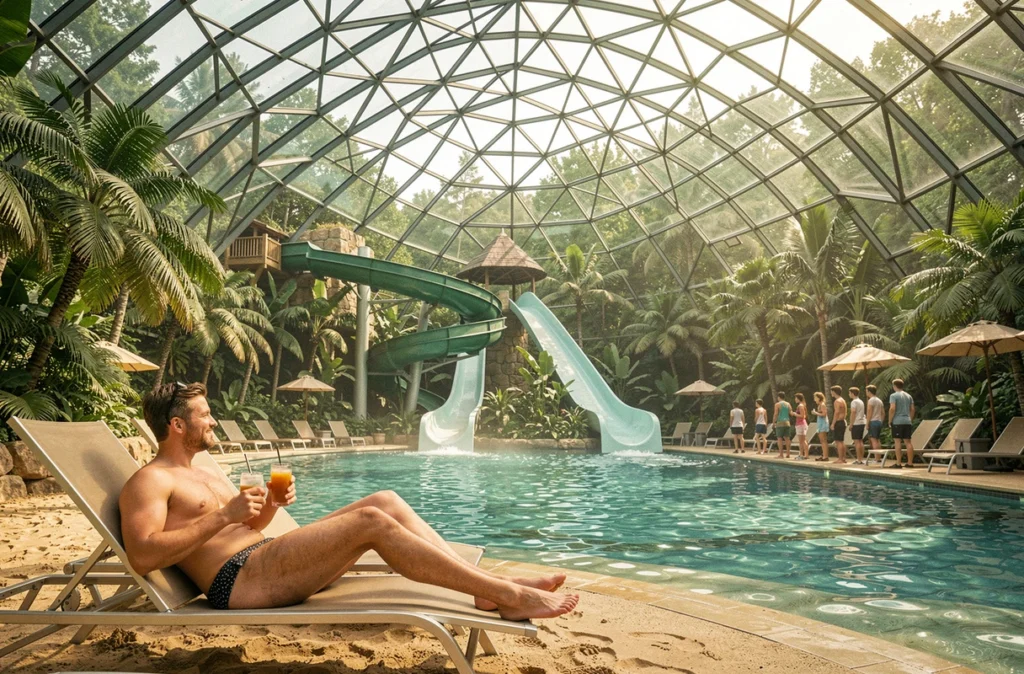 Le dôme aquatique Aqua Mundo du Center Parcs Les Hauts de Bruyères avec ses toboggans et son ambiance tropicale