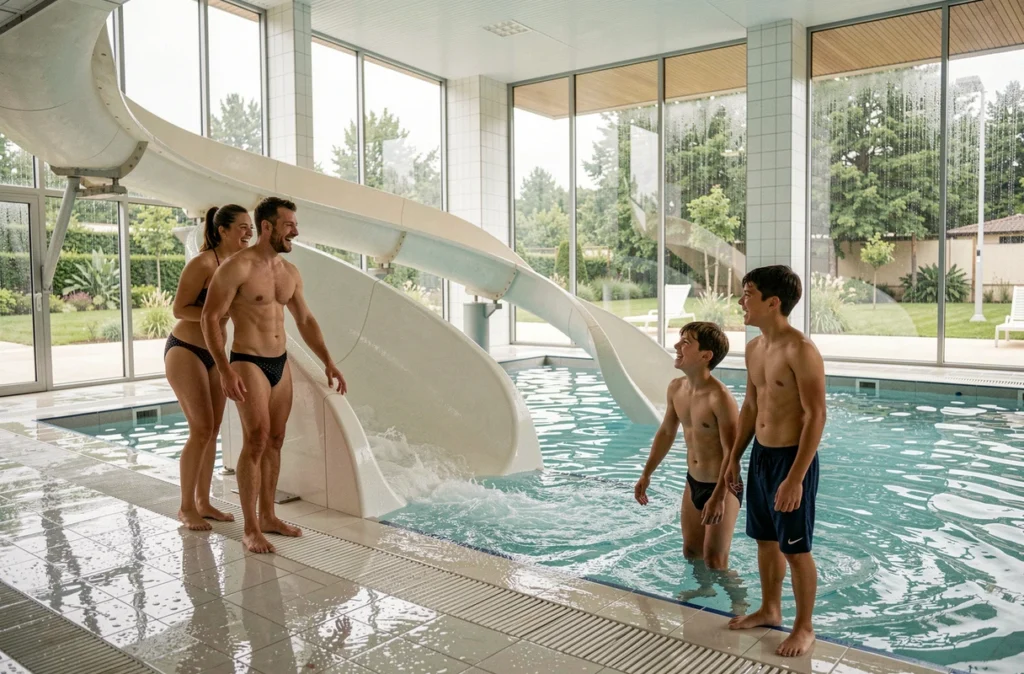 Intérieur du centre aqualudique l'O avec son toboggan aquatique et ses bassins familiaux