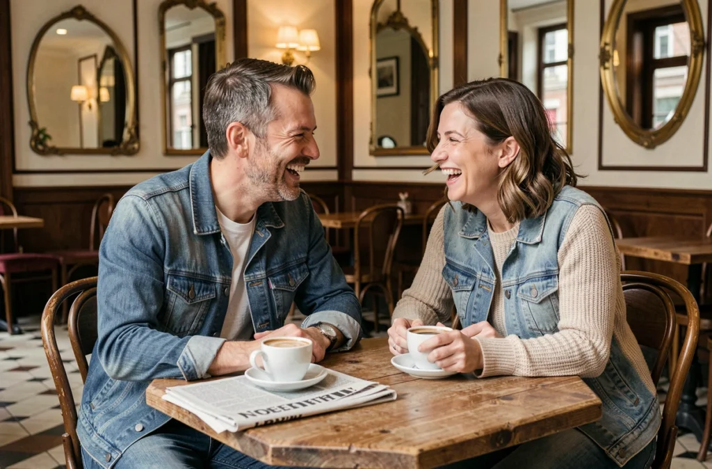 Couple complice et souriant attablé dans un café parisien ambiance décontractée