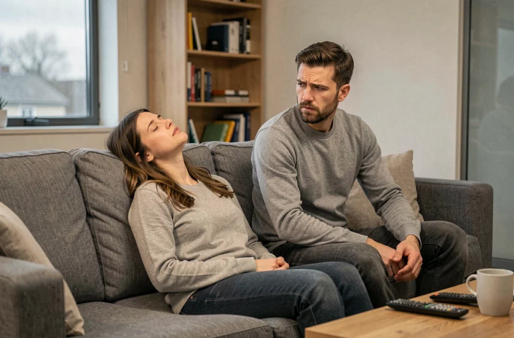 Couple assis sur un canapé, femme épuisée et mari incompris, tensions silencieuses dans la vie de couple