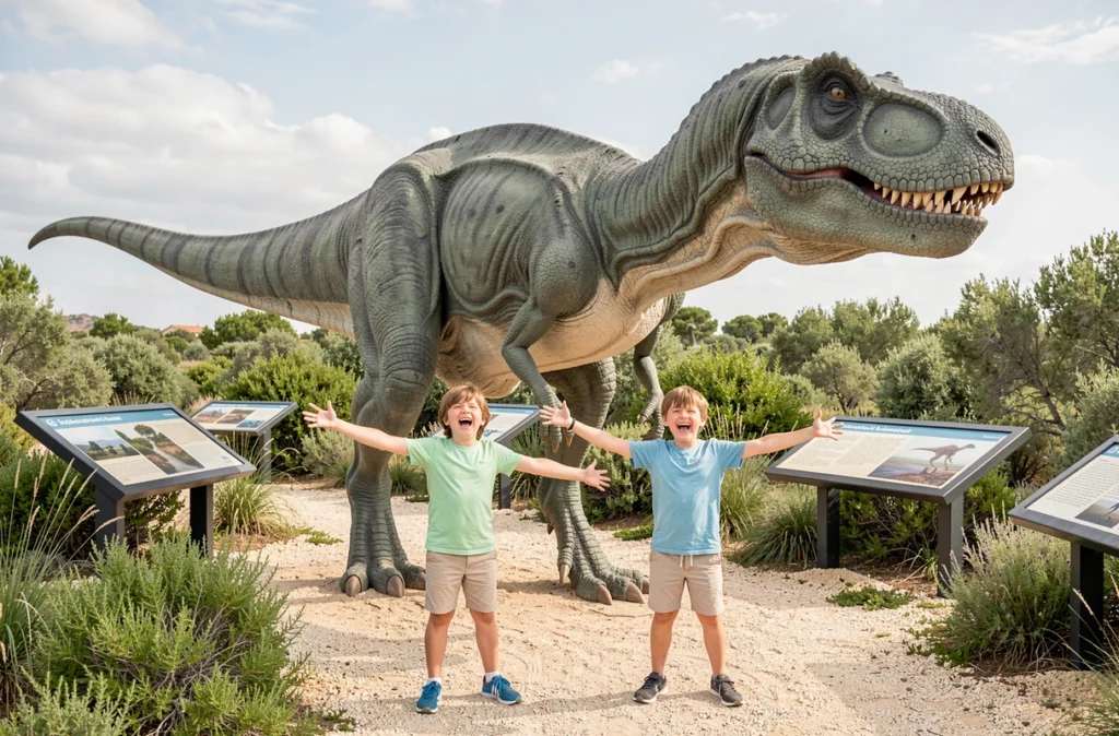Enfants posant devant une reconstitution de dinosaure grandeur nature au Dinopédia Parc à La Grand-Combe