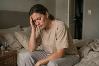 Femme épuisée assise au bord du lit dans une chambre conjugale, exprimant la fatigue émotionnelle dans un couple