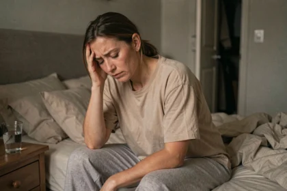 Femme épuisée assise au bord du lit dans une chambre conjugale, exprimant la fatigue émotionnelle dans un couple