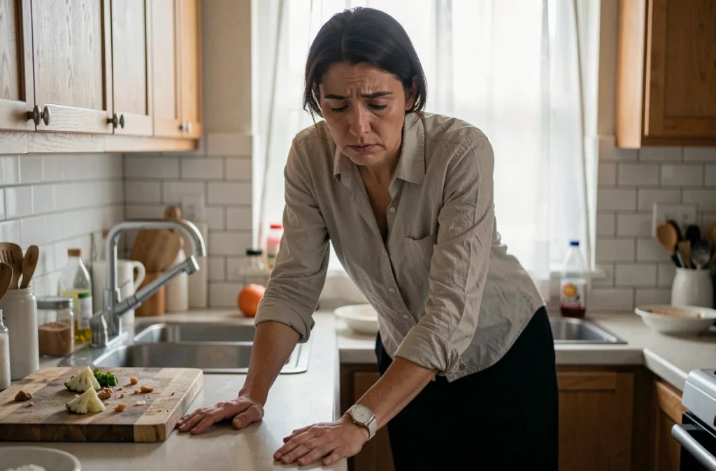 Femme seule dans la cuisine en fin de journée, épuisement et isolement émotionnel dans la vie conjugale