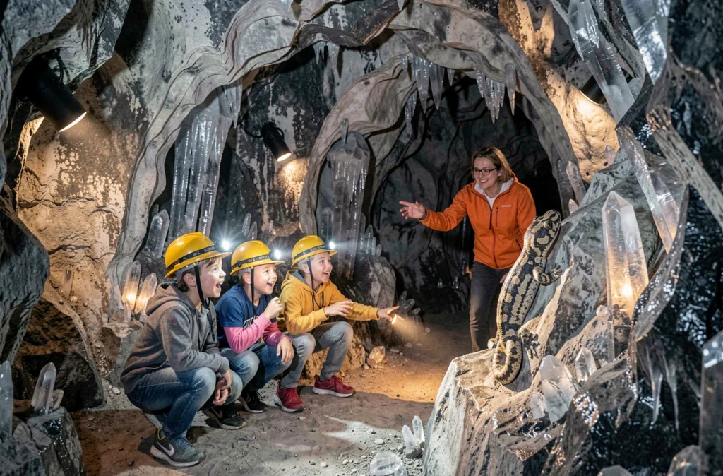 Enfants explorant les formations rocheuses de la Grotte de la Salamandre lors d'une visite guidée
