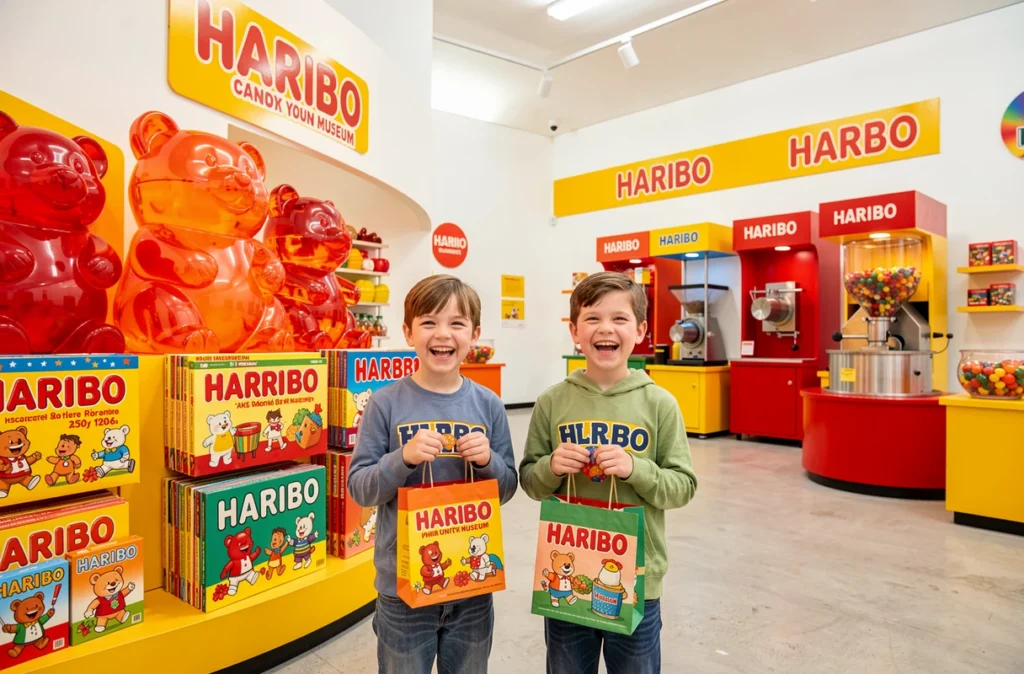 Enfants découvrant les expositions et les bonbons géants du Haribo Museum à Uzès